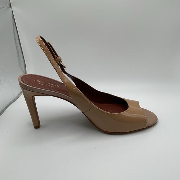 Cole Haan Shoes Heels Womens 8B Nude Tan Patent Leather Slingback Peep Toe - Picture 7 of 15